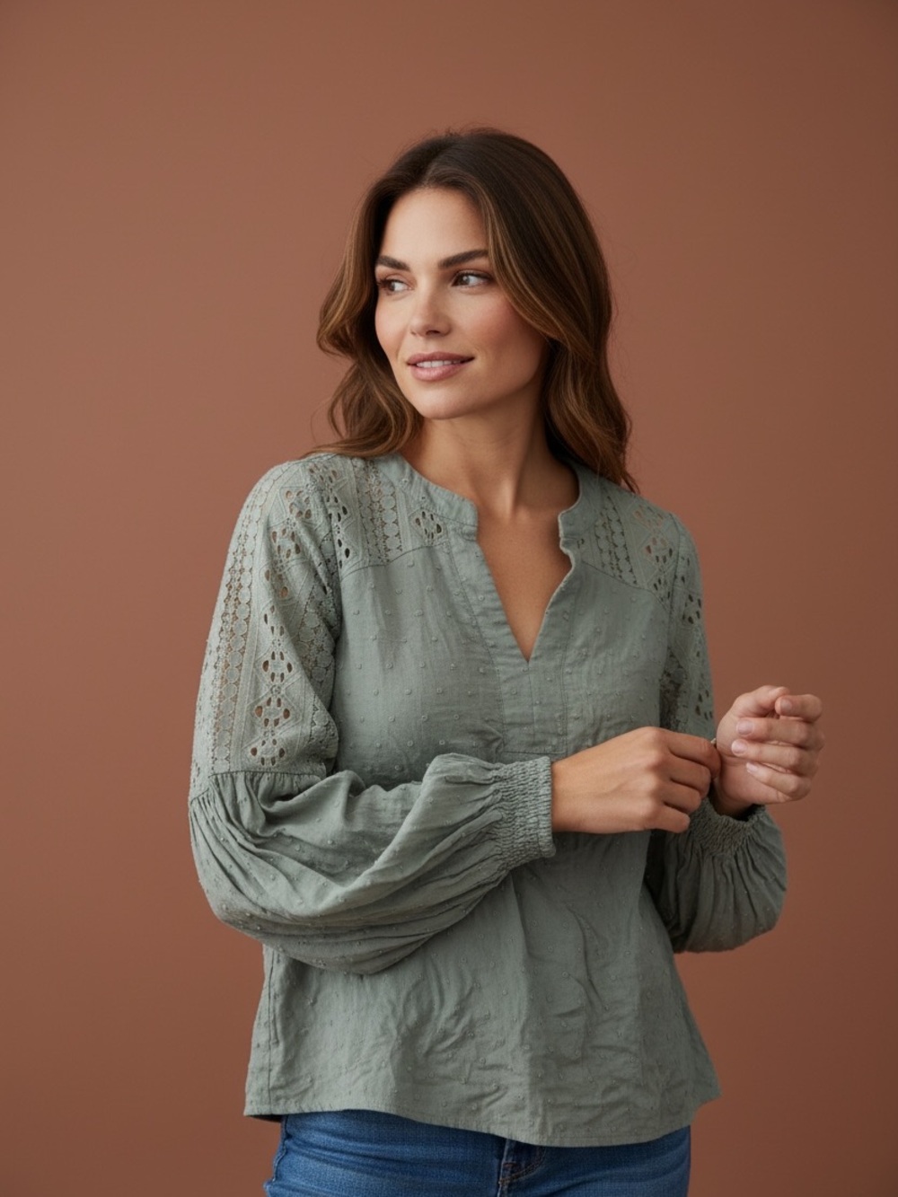 Hem & Thread crochet stitch olive green blouse